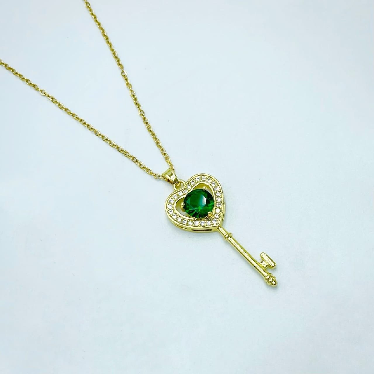 Key Stainless Necklace Big Green Zircon