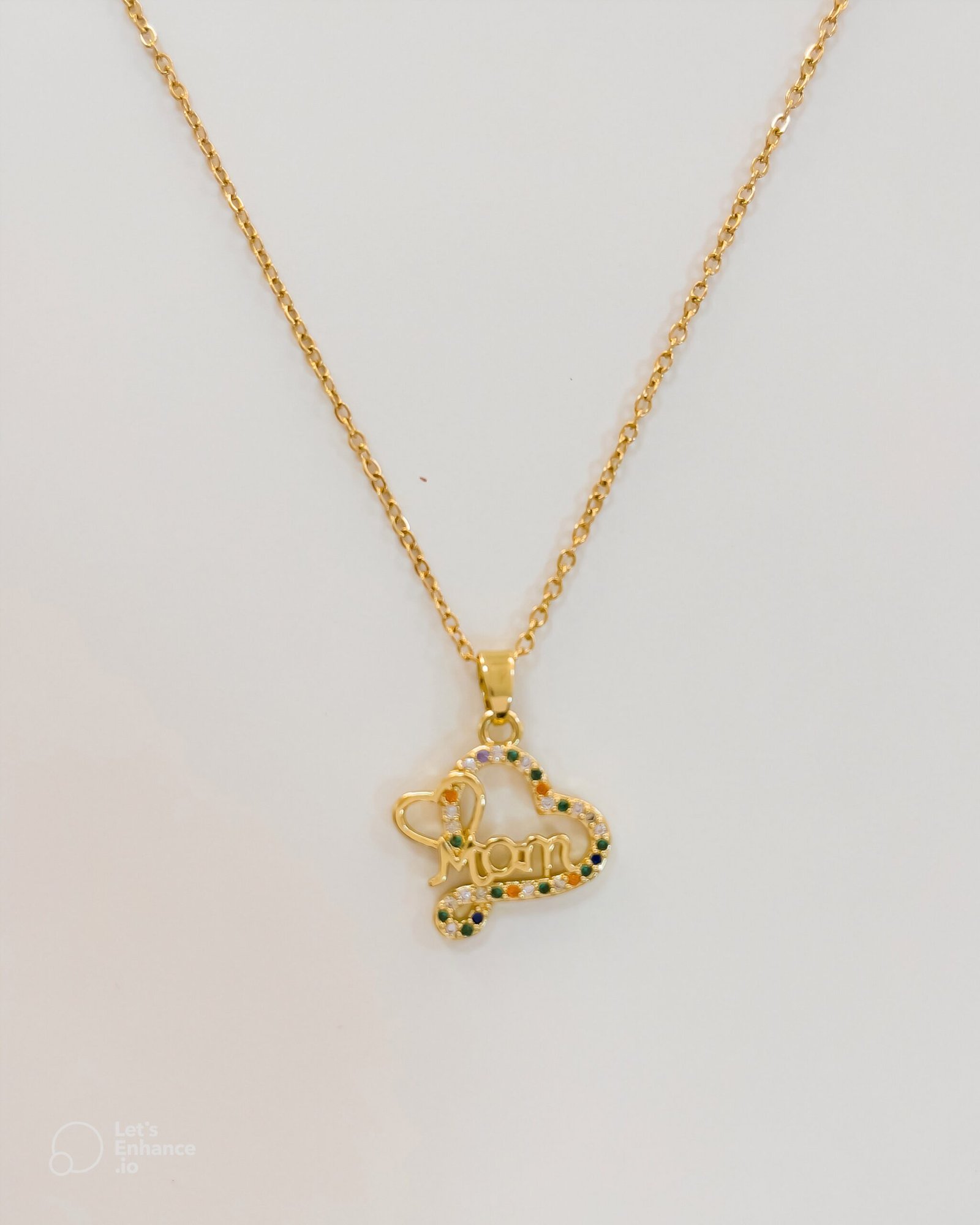 Gold-Plated Stainless Steel “Mom” Heart Necklace – Multi-Color Crystal Accents